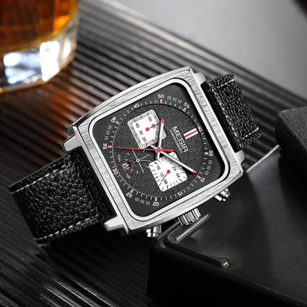 Relógio Megir Squared Black em Couro