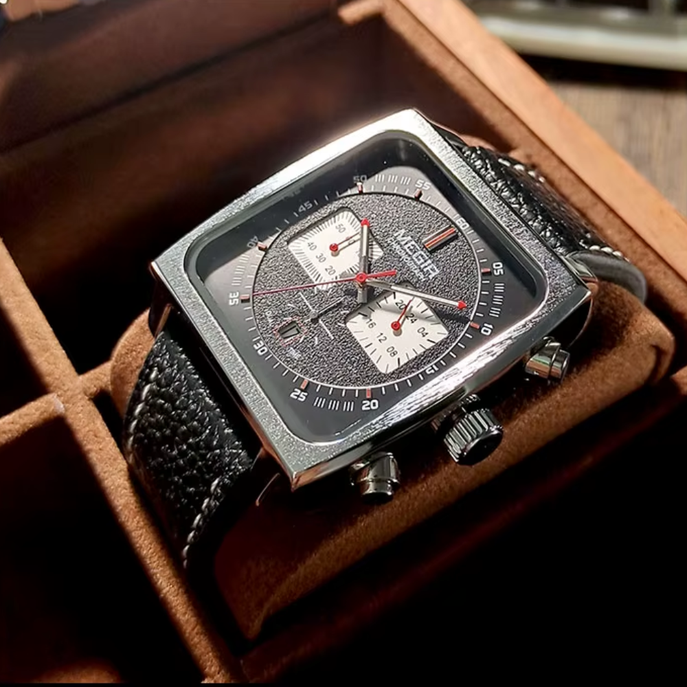 Relógio Megir Squared Black em Couro