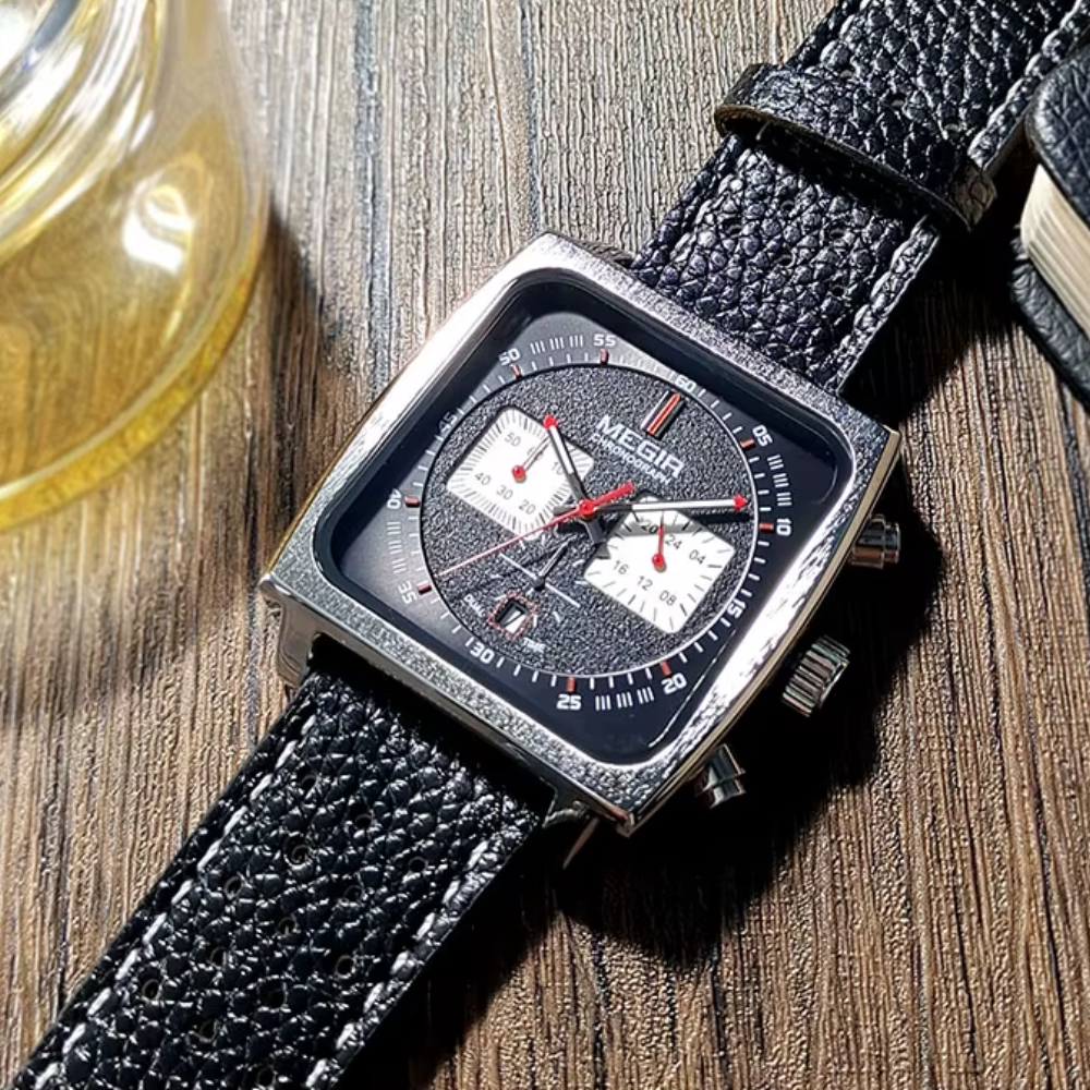 Relógio Megir Squared Black em Couro