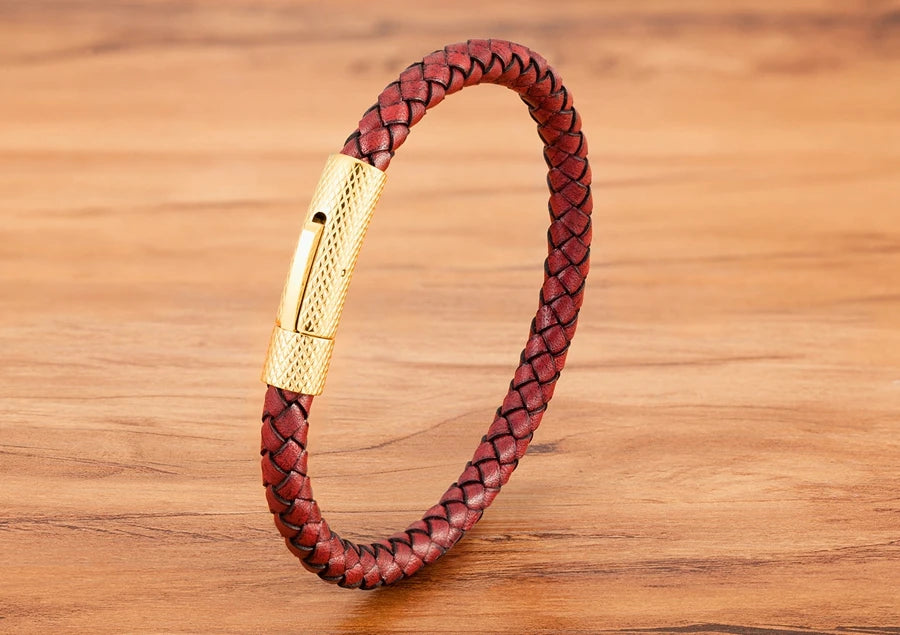 Pulseira Charles em Couro - Vermelha e Dourada