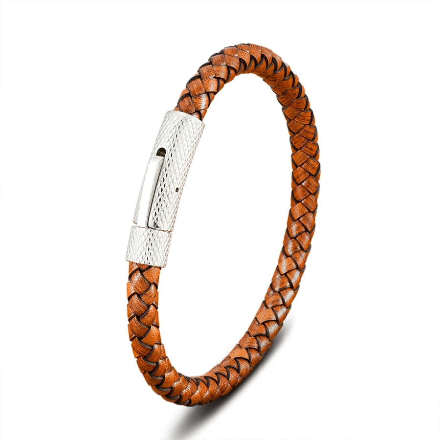Pulseira Charles em Couro - Caramelo e Prateada
