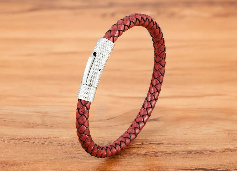 Pulseira Charles em Couro - Vermelha e Prateada