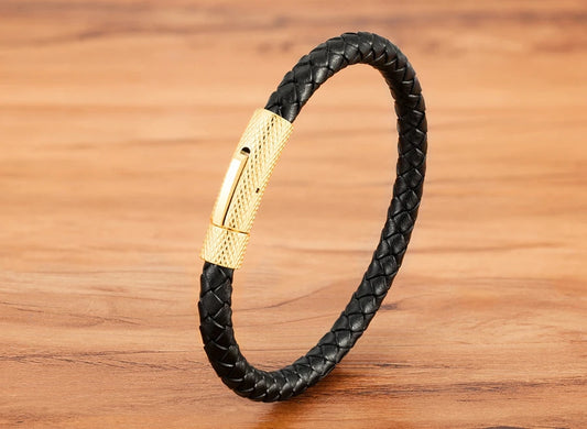 Pulseira Charles em Couro - Preta e Dourada