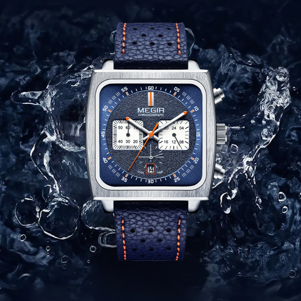 Relógio Megir Squared Blue em Couro