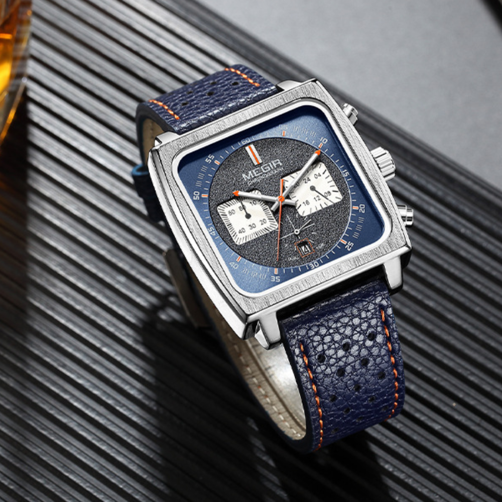 Relógio Megir Squared Blue em Couro