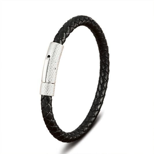 Pulseira Charles em Couro - Preta e Prateada