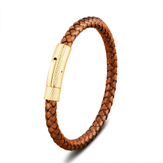 Pulseira Charles em Couro - Caramelo e Dourada