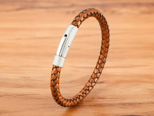 Pulseira Charles em Couro - Caramelo e Prateada
