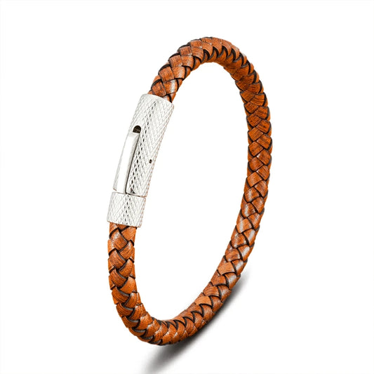 Pulseira Charles em Couro - Caramelo e Prateada