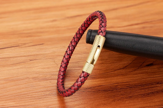 Pulseira Charles em Couro - Vermelha e Dourada