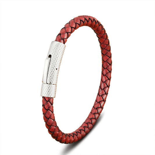 Pulseira Charles em Couro - Vermelha e Prateada