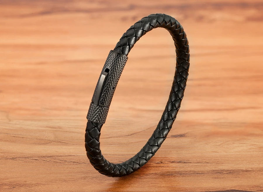 Pulseira Charles em Couro - Preta