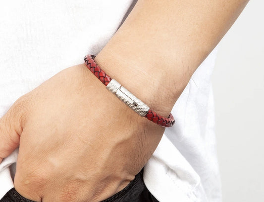 Pulseira Charles em Couro - Vermelha e Prateada