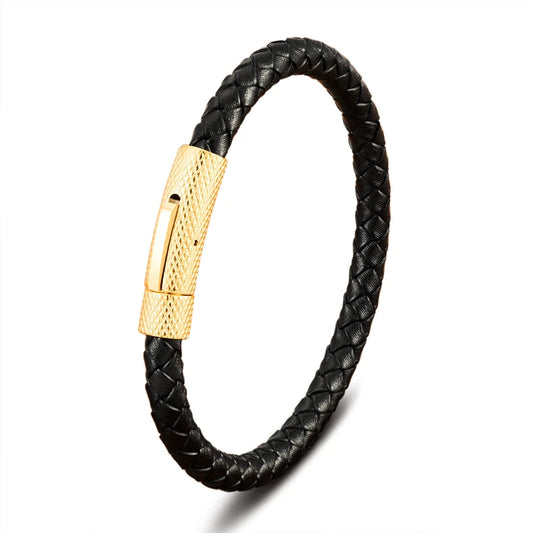 Pulseira Charles em Couro - Preta e Dourada